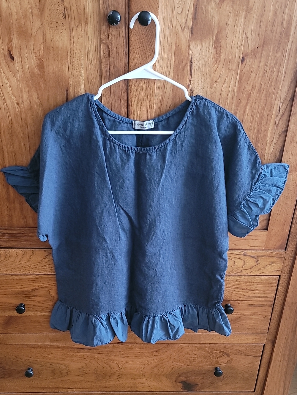 100% Linen Women’s Ruffle-Hem Short Sleeve Top - Navy Blue Made In Italy